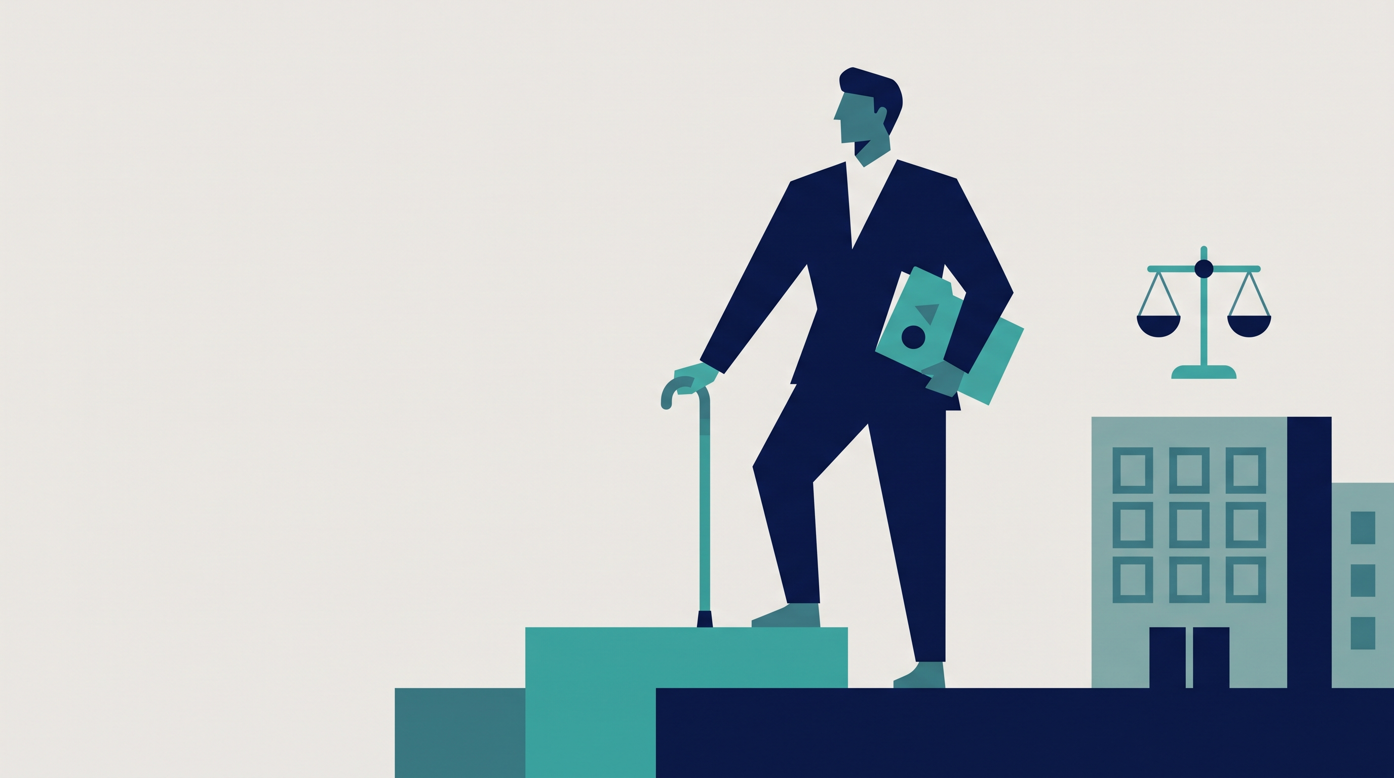 Flat vector illustration of a professional using a cane and carrying documents beside city office buildings and a scale of justice, representing disability rights and recovery after wrongful termination in New York