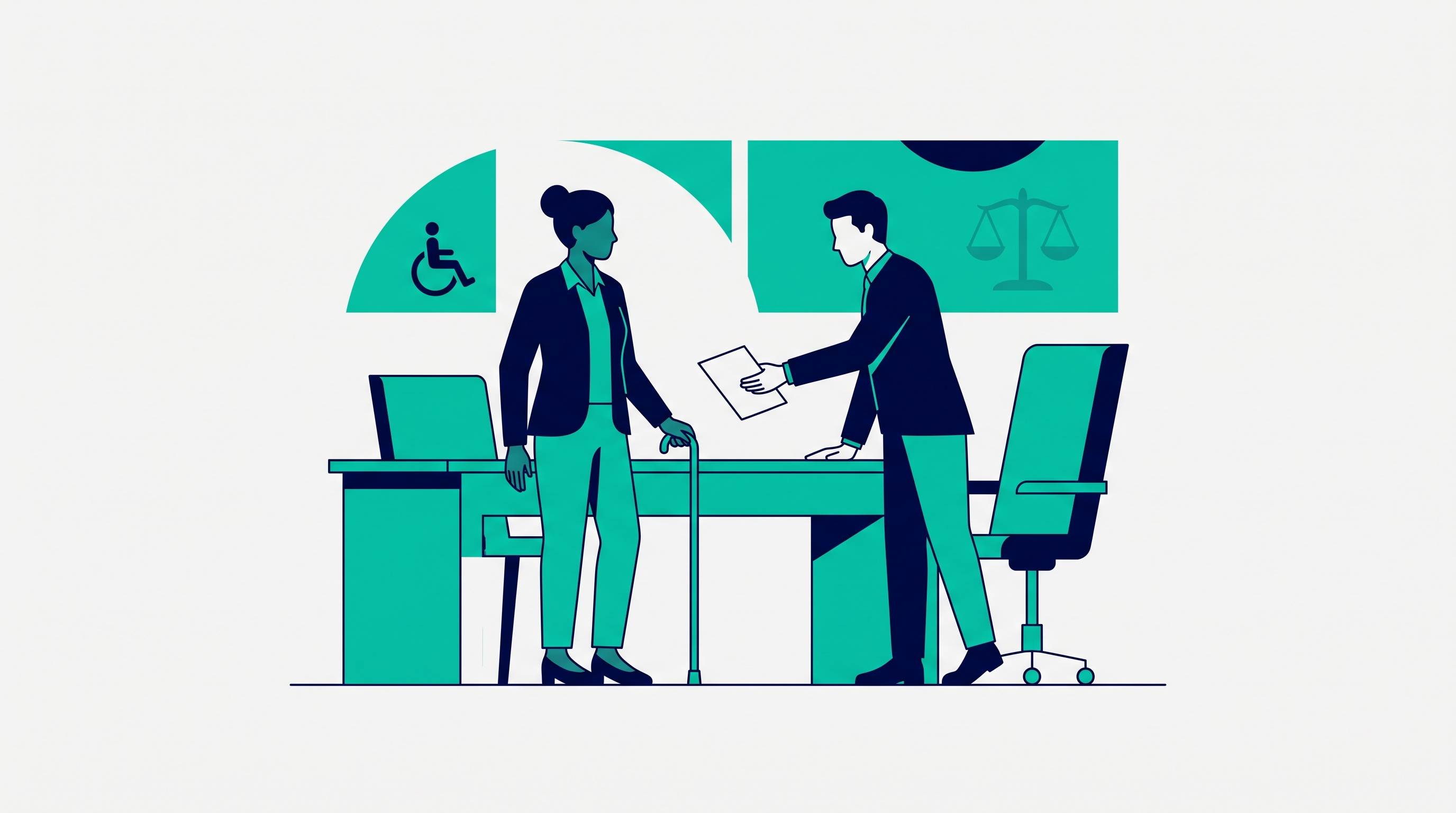 Illustration of an employee with a cane receiving a termination letter from a manager, with disability and legal-justice icons in the background