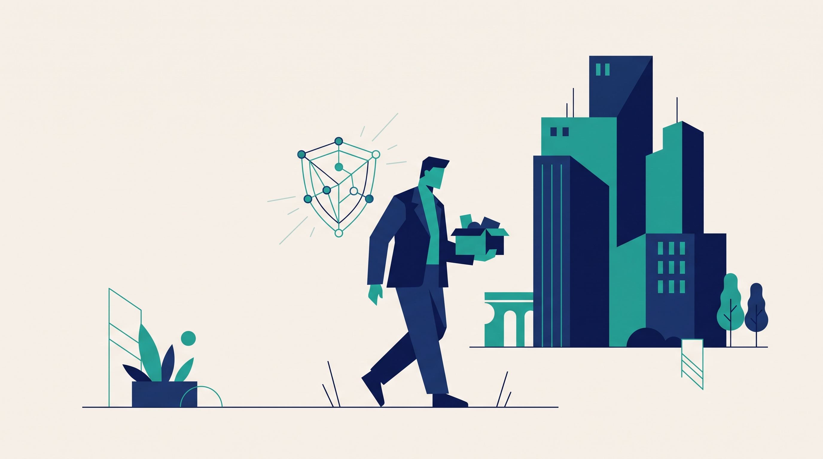 Flat vector illustration of a professional walking away from an office building with a box of belongings and a protective shield icon, symbolizing wrongful termination due to disability rights in New York